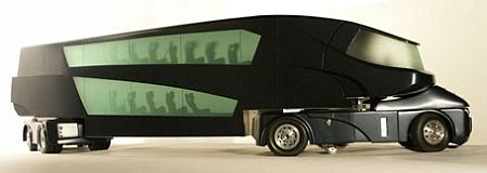 A strangely looking public transport vehicle performs as train or bus, the Blade Runner.